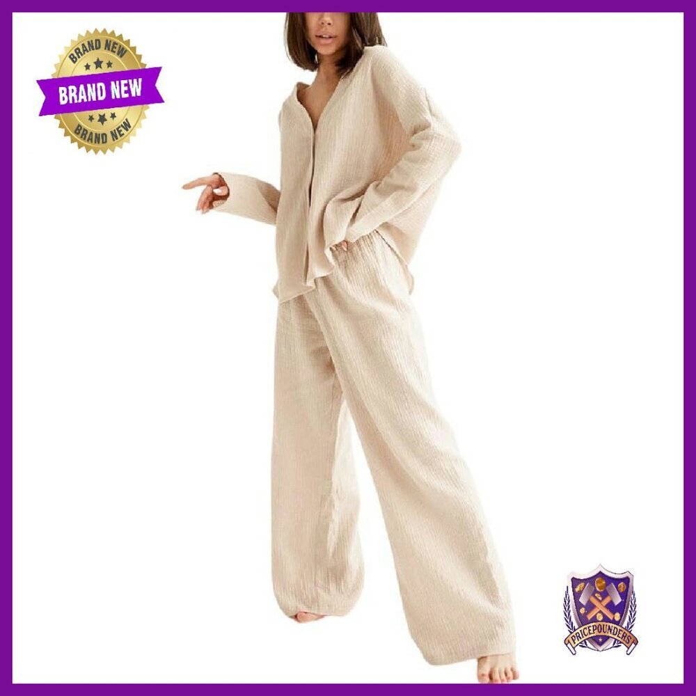 Women's Cotton Gauze Loungewear Set Button Down Shirt Wide Leg Pants